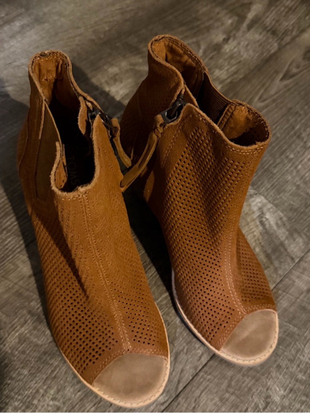 Toms Tan Perforated Peep-Toe Ankle Booties. Never Worn